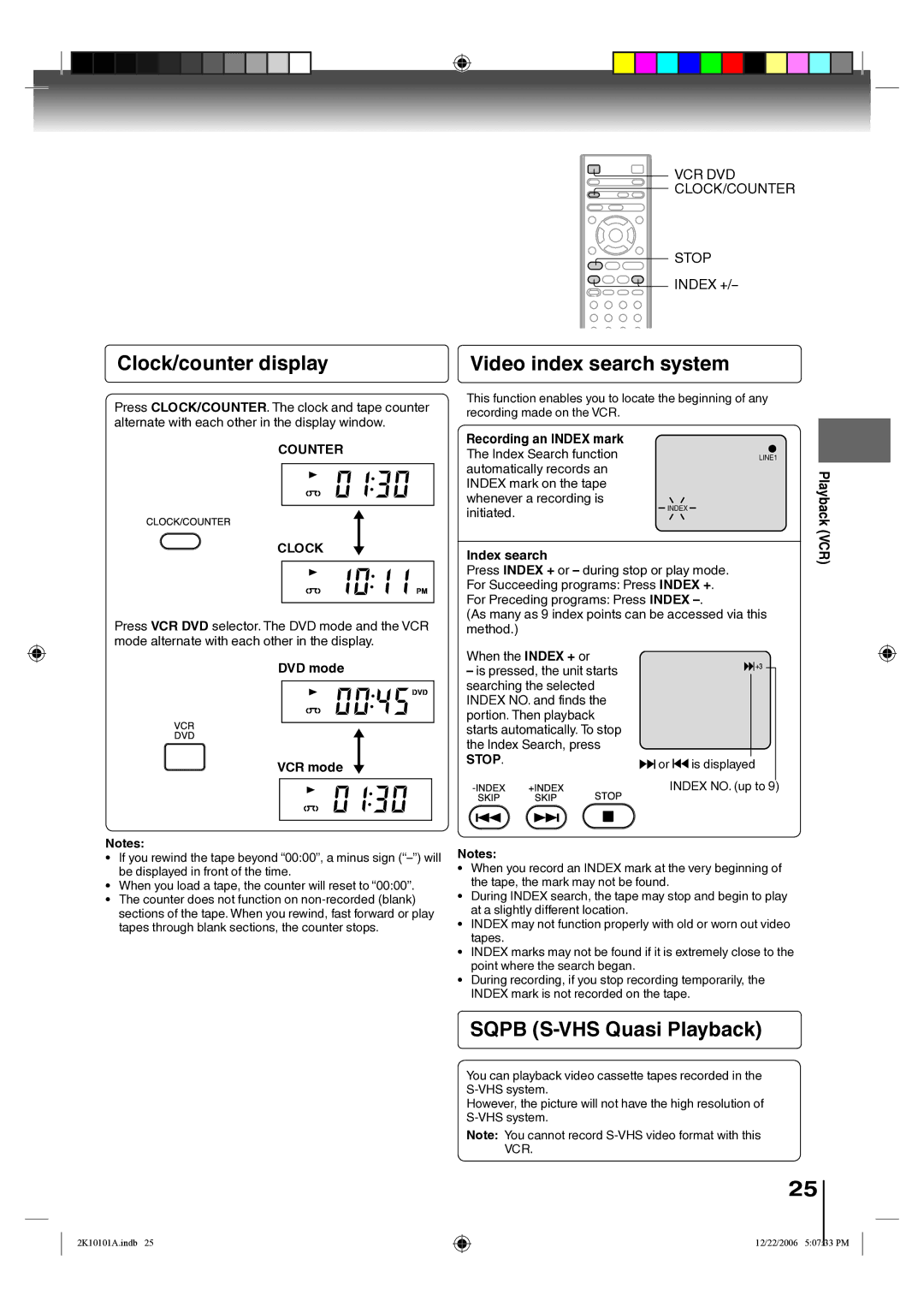 Toshiba SD-V295KU owner manual Clock/counter display Video index search system, Sqpb S-VHS Quasi Playback 