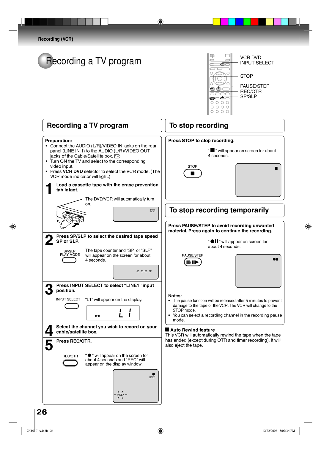 Toshiba SD-V295KU owner manual Recording a TV program To stop recording, To stop recording temporarily, Recording VCR 