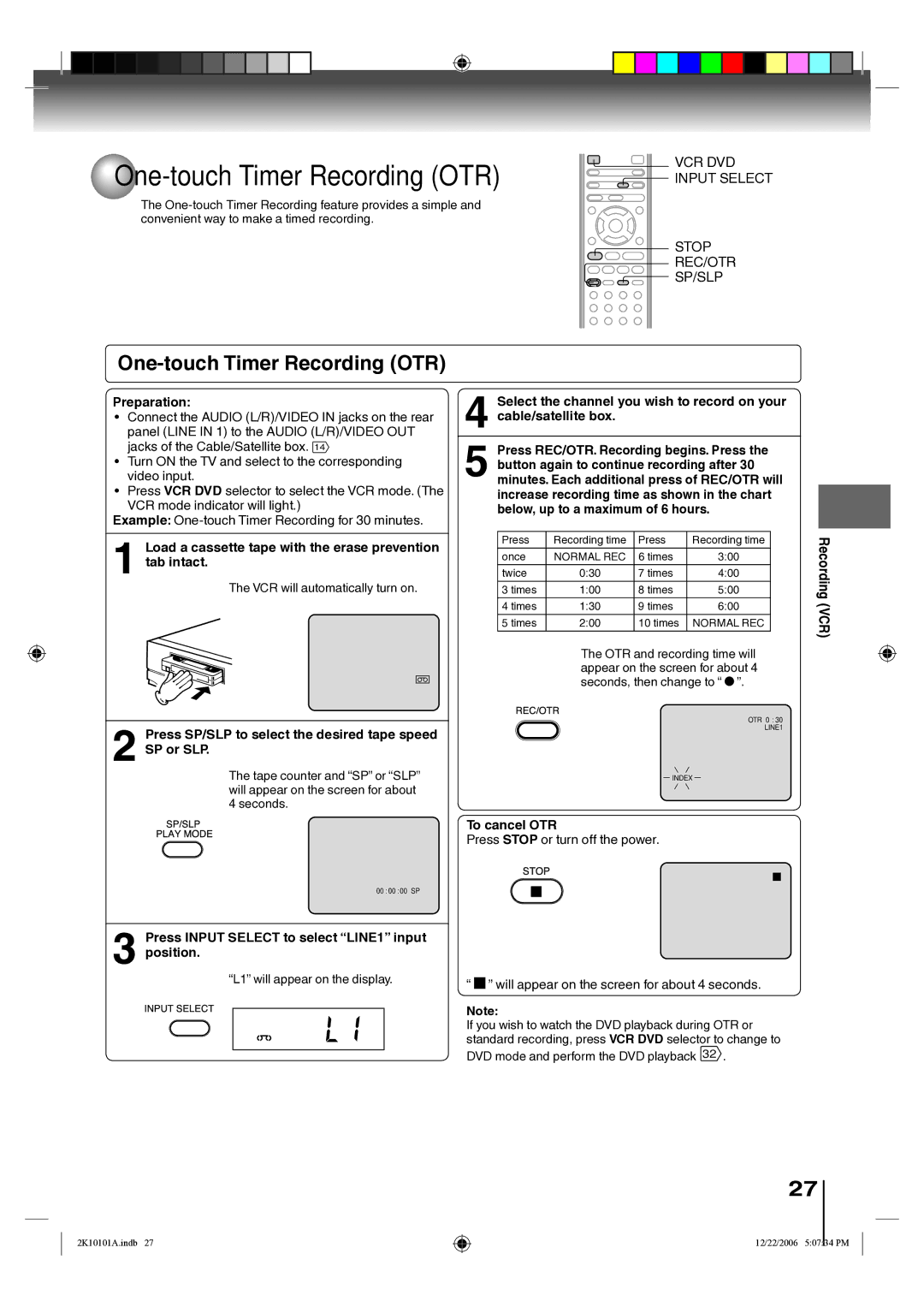 Toshiba SD-V295KU owner manual VCR DVD Input Select Stop REC/OTR SP/SLP, To cancel OTR, Recording VCR 