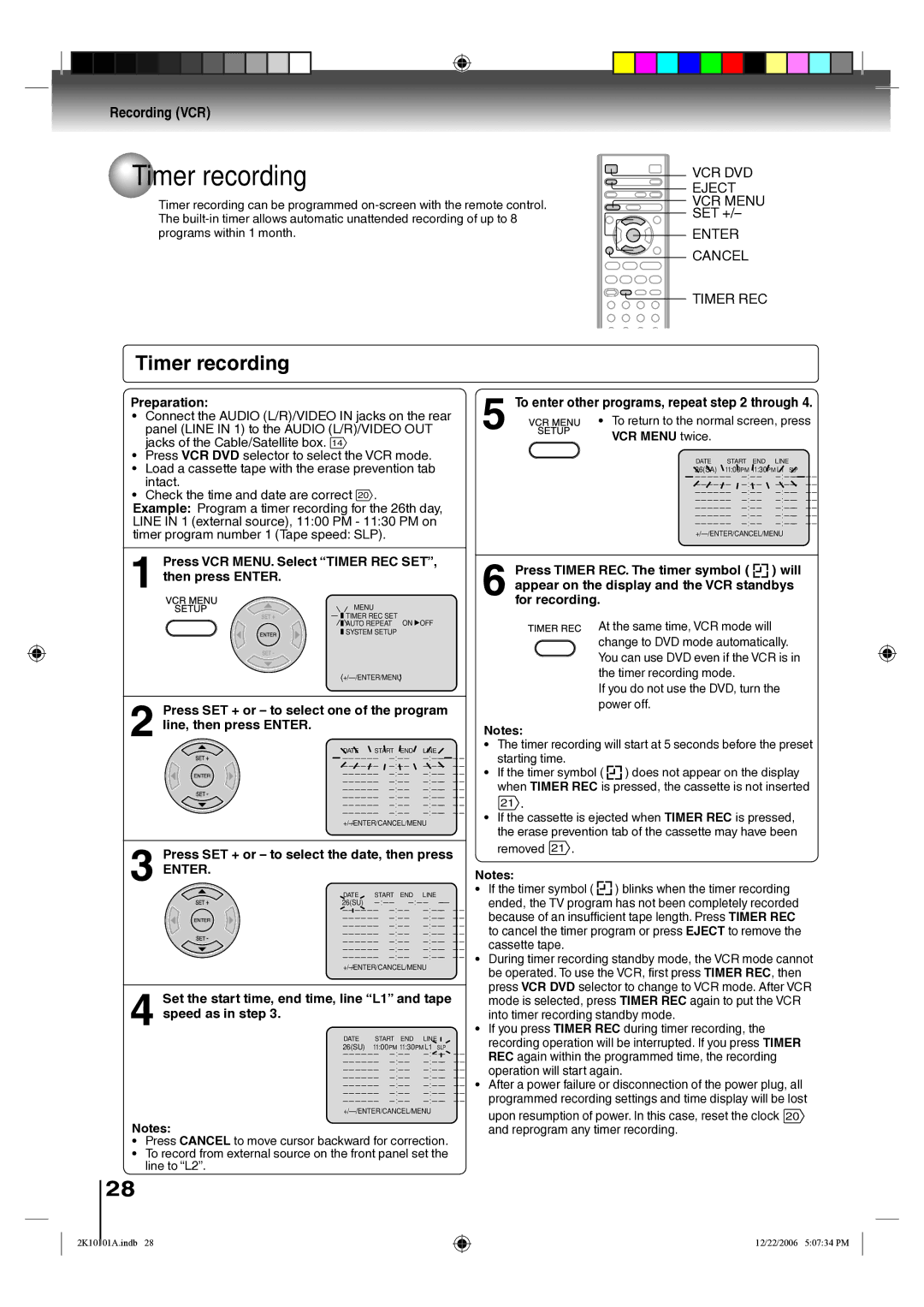 Toshiba SD-V295KU owner manual Timer recording, VCR DVD Eject VCR Menu SET + Enter Cancel Timer REC, VCR Menu twice 