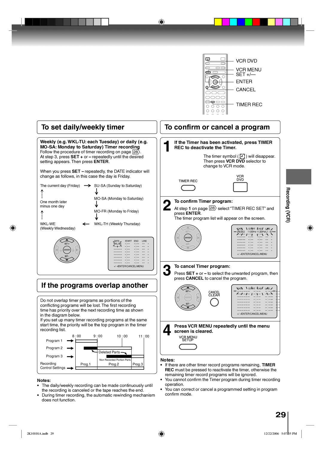 Toshiba SD-V295KU owner manual To set daily/weekly timer, To confirm or cancel a program, If the programs overlap another 