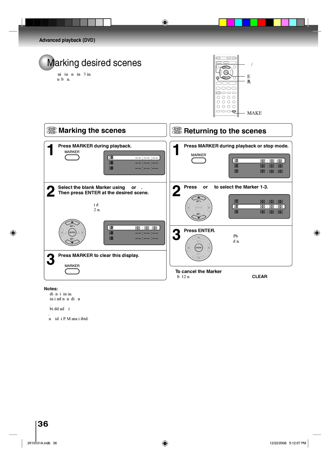 Toshiba SD-V295KU owner manual Marking desired scenes, Marking the scenes, Returning to the scenes, Enter Clear Marker 