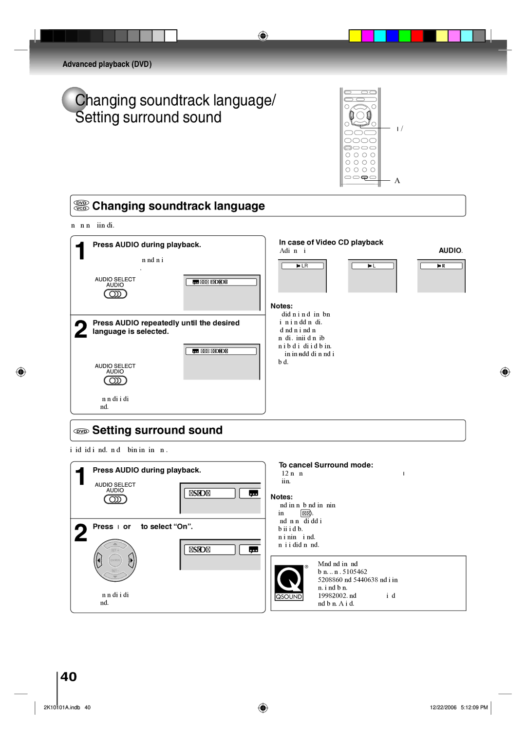 Toshiba SD-V295KU owner manual DVD Changing soundtrack language, DVD Setting surround sound, Audio 