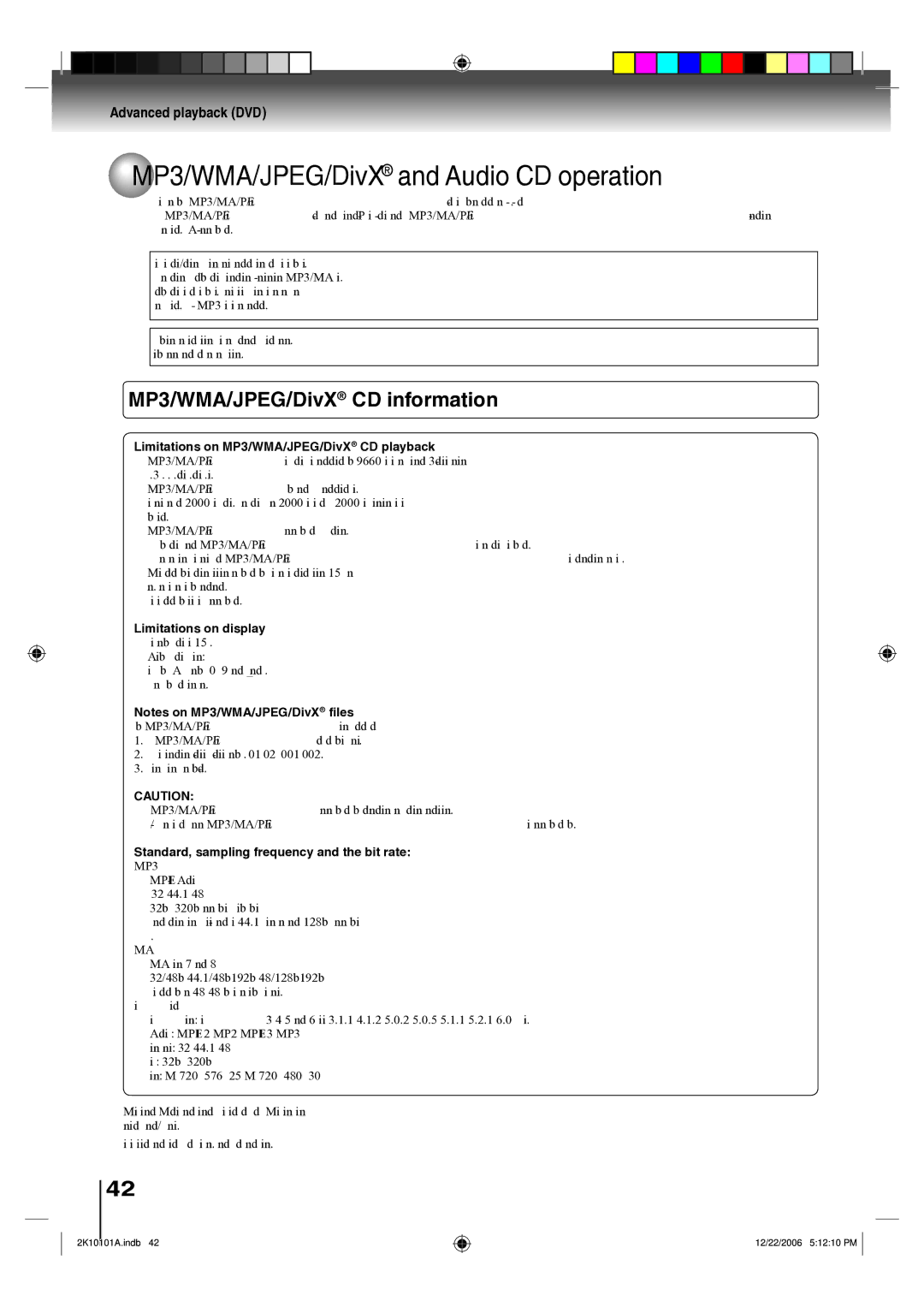 Toshiba SD-V295KU MP3/WMA/JPEG/DivX and Audio CD operation, MP3/WMA/JPEG/DivX CD information, Limitations on display 