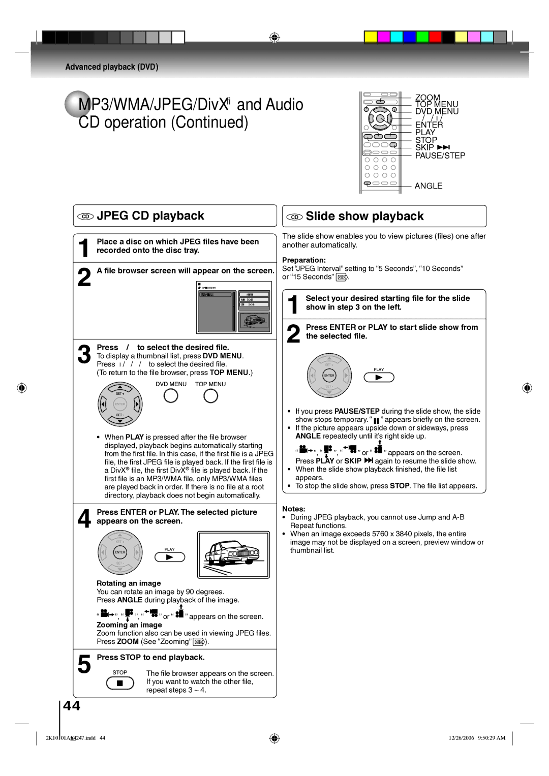 Toshiba SD-V295KU CD Jpeg CD playback, CD Slide show playback, Press / to select the desired file, Zooming an image 