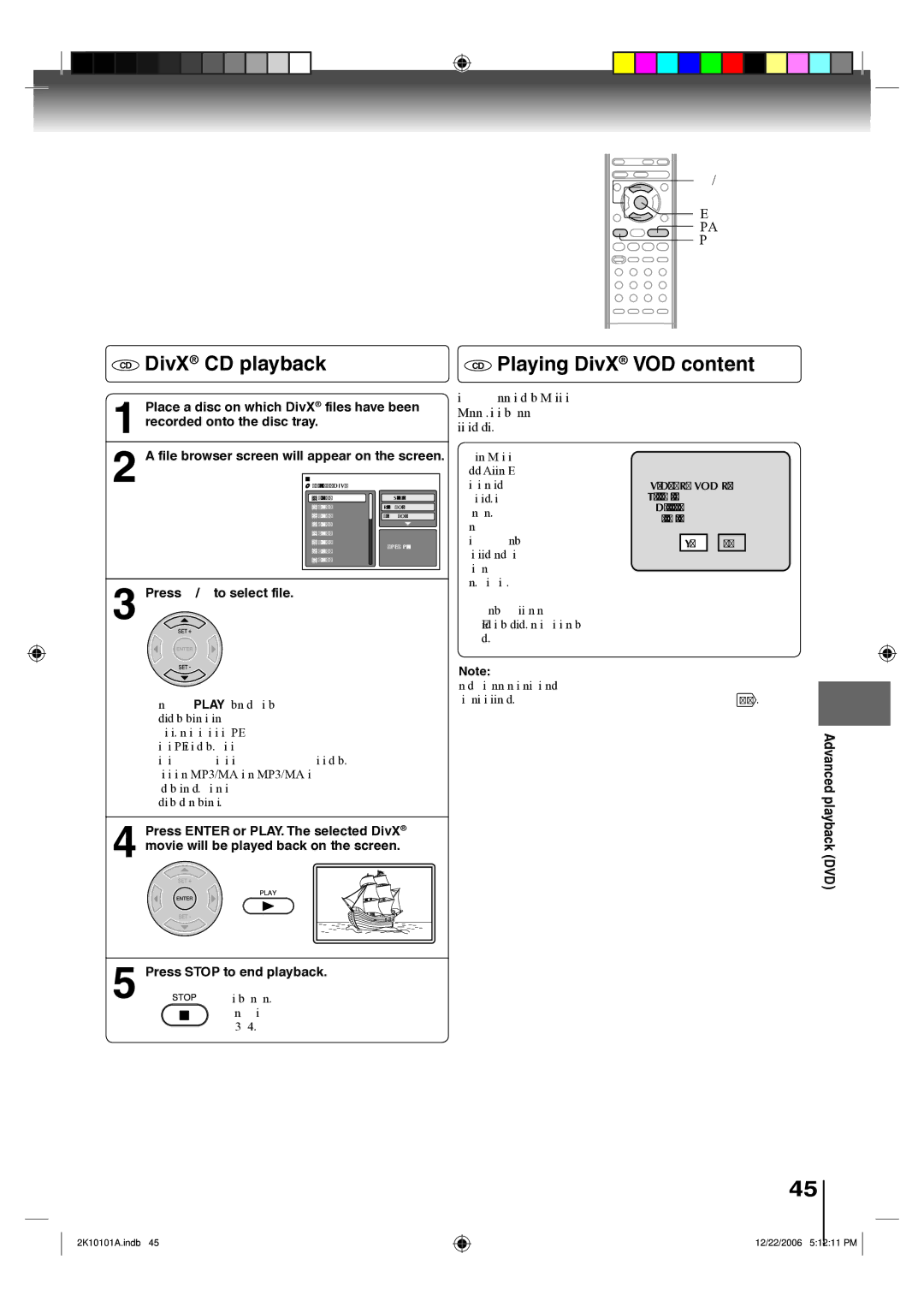 Toshiba SD-V295KU owner manual CD DivX CD playback, CD Playing DivX VOD content, Enter Play Stop, Press / to select file 