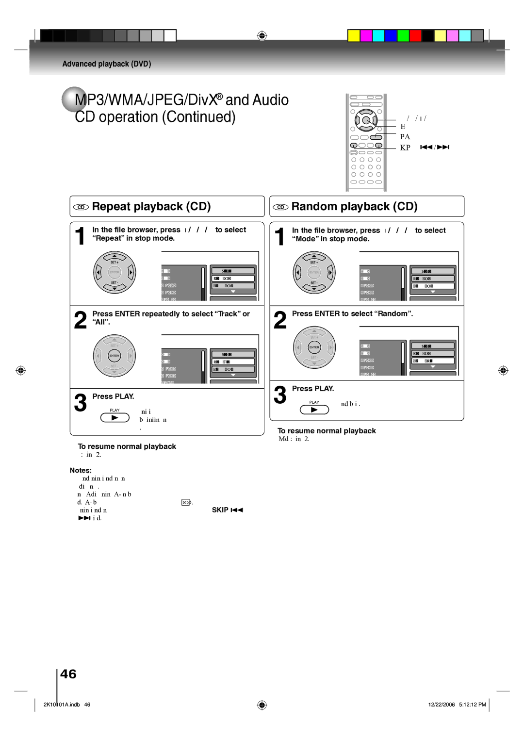 Toshiba SD-V295KU owner manual Repeat playback CD Random playback CD, Skip, File browser, press / // to select, All 