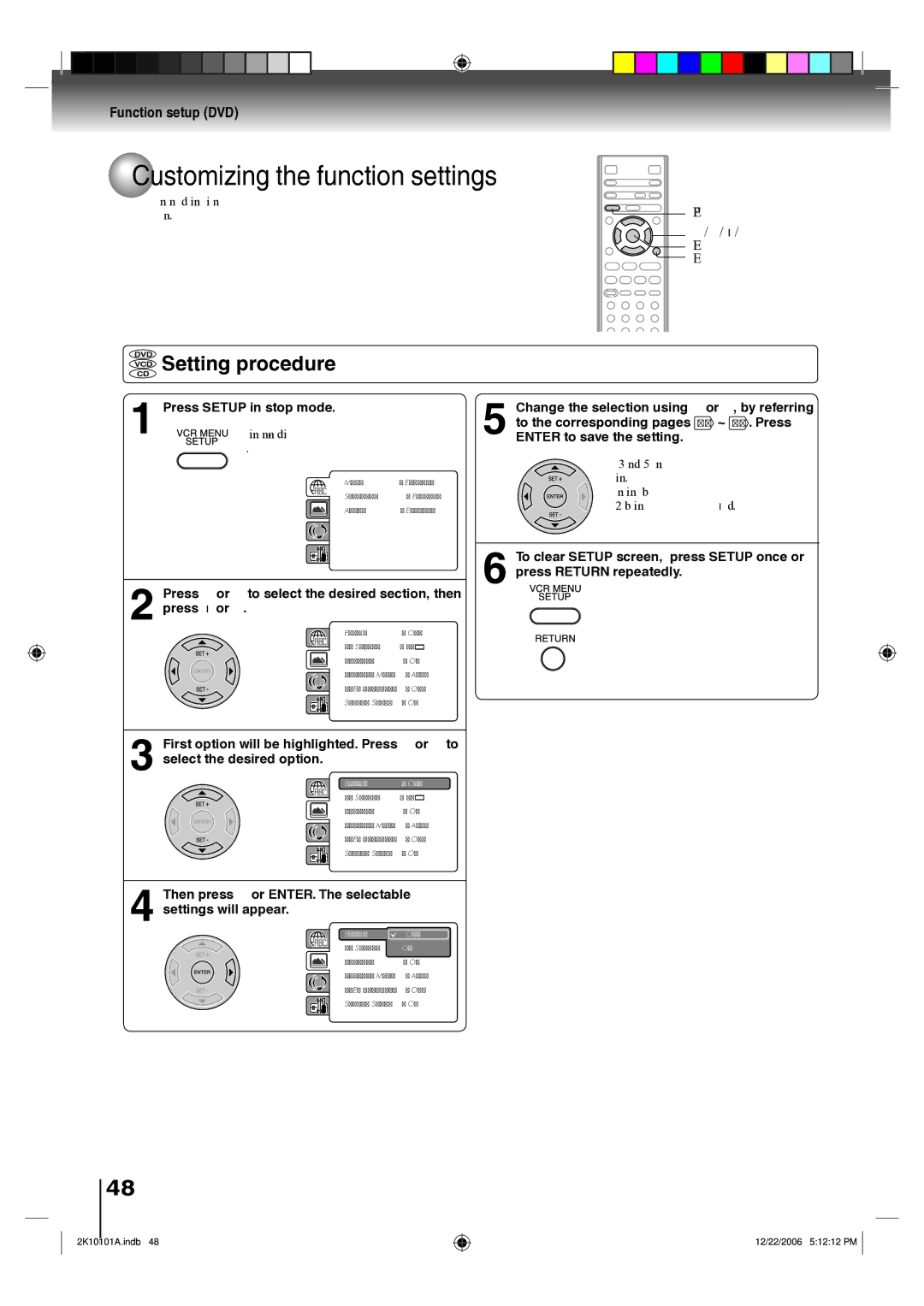 Toshiba SD-V295KU Customizing the function settings, DVD Setting procedure, Function setup DVD, Setup Enter Return 