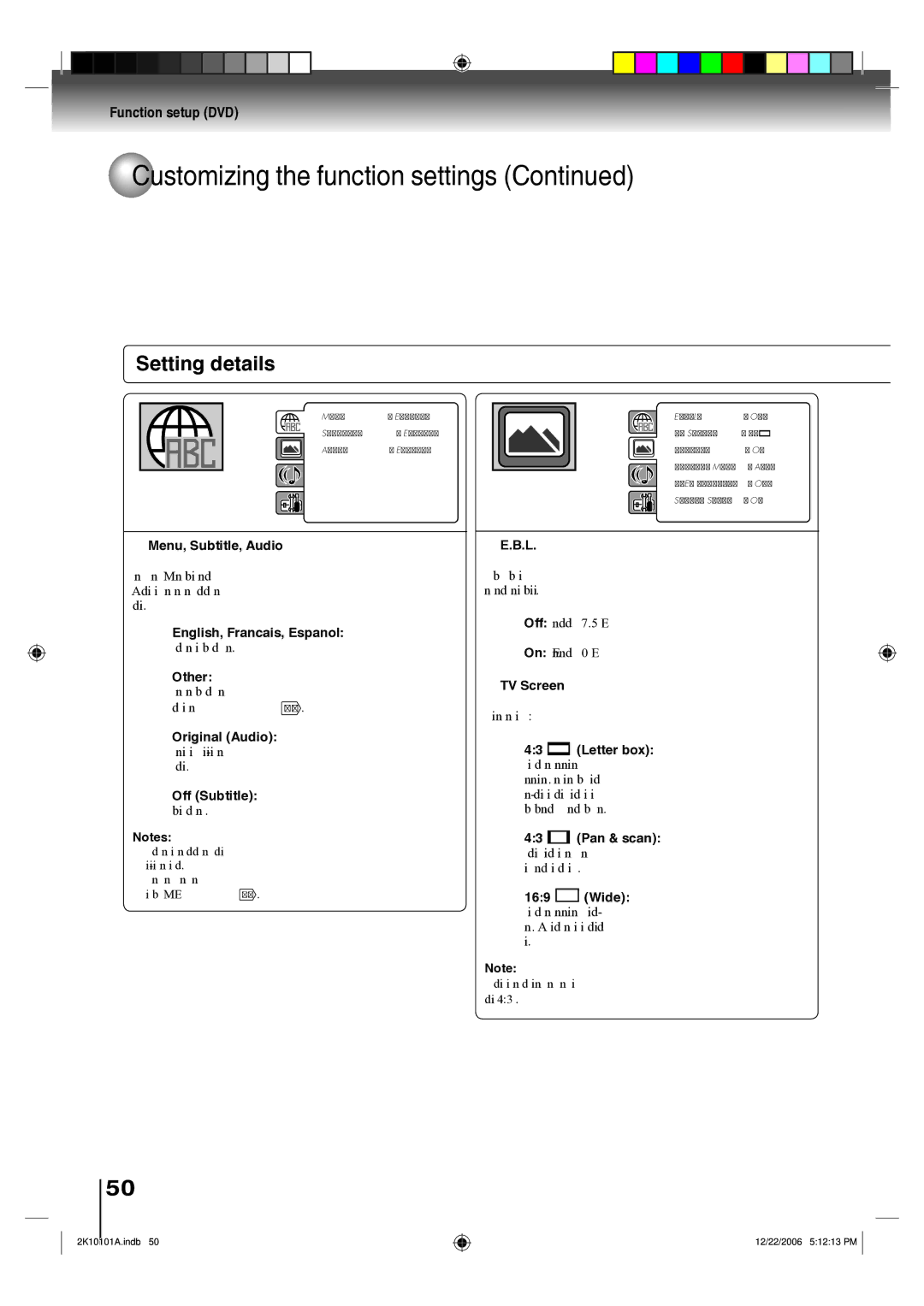 Toshiba SD-V295KU Menu, Subtitle, Audio, English, Francais, Espanol, Other, Original Audio, Off Subtitle, TV Screen, Wide 