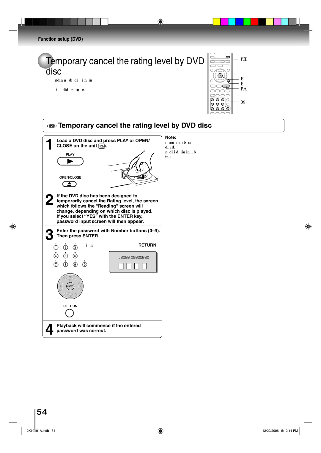 Toshiba SD-V295KU owner manual DVD Temporary cancel the rating level by DVD disc, OPEN/CLOSE Enter Return Play 