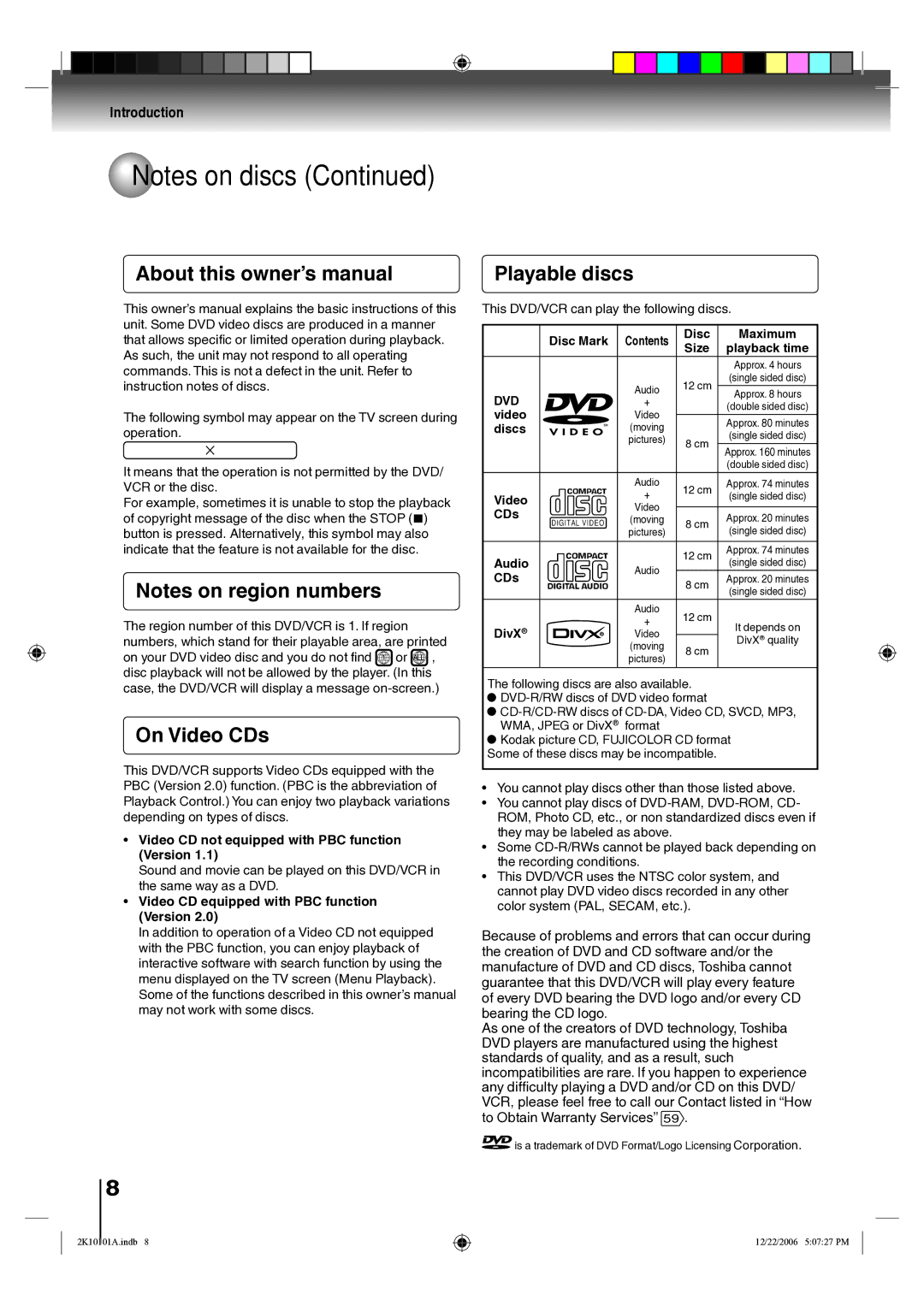 Toshiba SD-V295KU owner manual On Video CDs, Playable discs, Dvd 