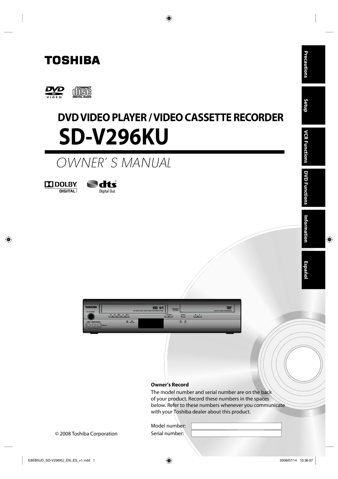 Toshiba SD-V296 manual Owner’s Record, Below. Refer to these numbers whenever you communicate 