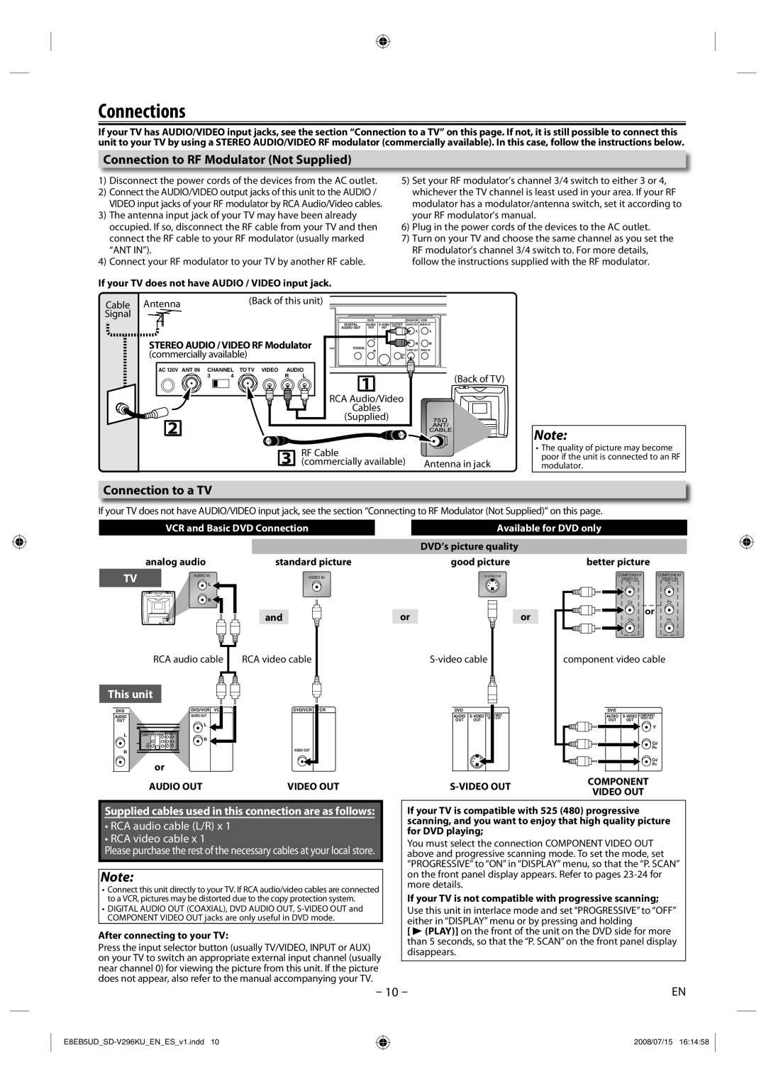 Toshiba SD-V296 manual Connections, Connection to RF Modulator Not Supplied, Connection to a TV 