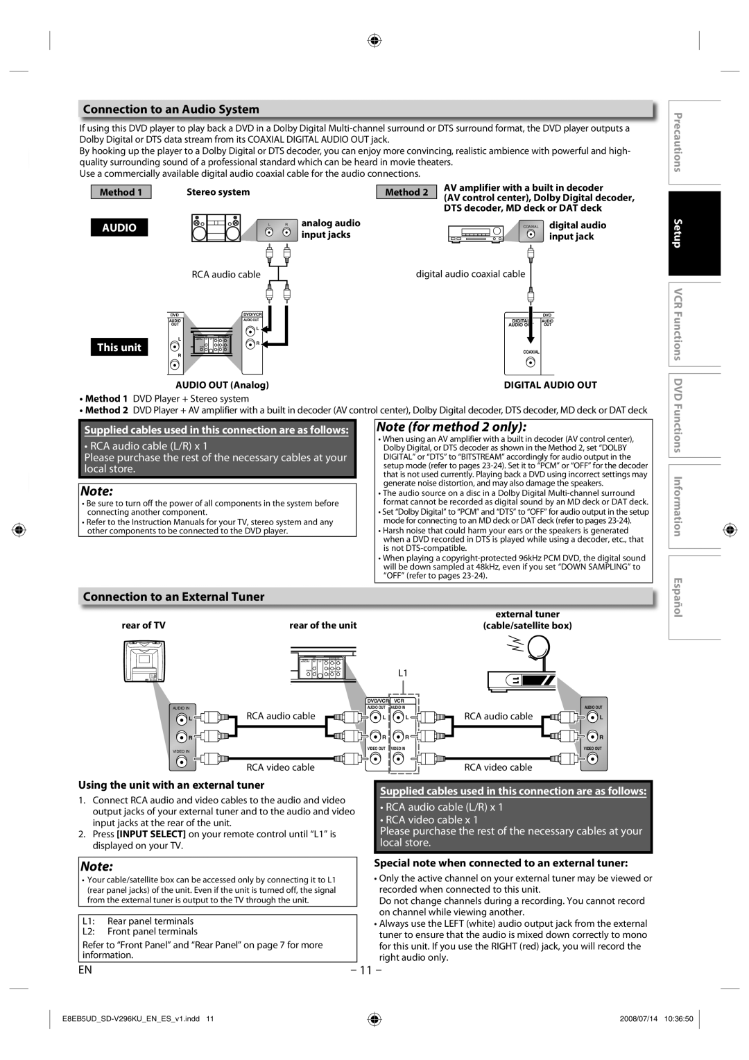 Toshiba SD-V296 manual Connection to an Audio System, Connection to an External Tuner, This unit 