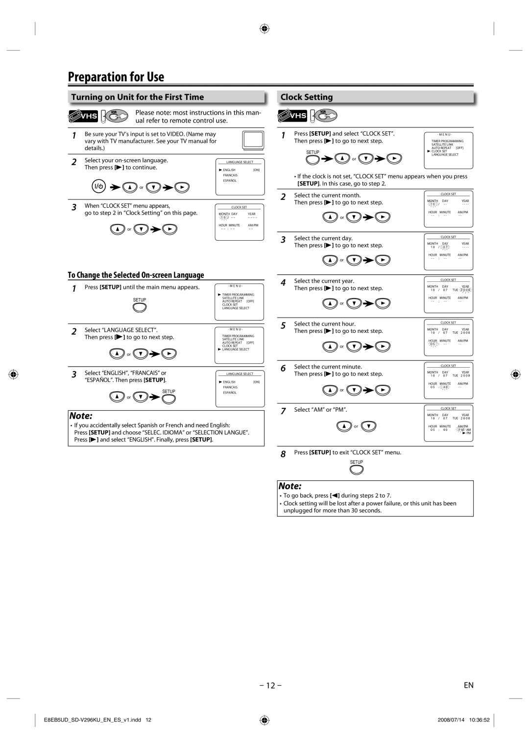 Toshiba SD-V296 manual Preparation for Use, Turning on Unit for the First Time, To Change the Selected On-screen Language 