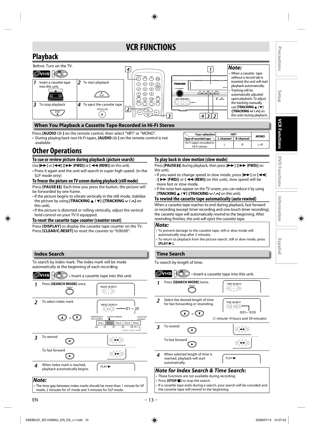 Toshiba SD-V296 manual VCR Functions, Playback, Other Operations 