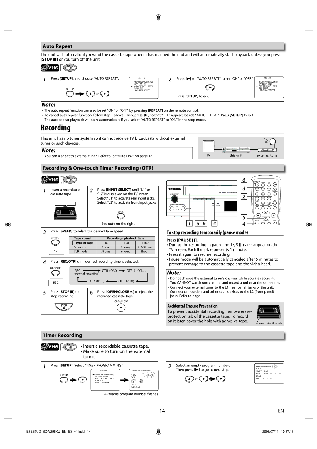 Toshiba SD-V296 manual Auto Repeat, Recording & One-touch Timer Recording OTR, To stop recording temporarily pause mode 