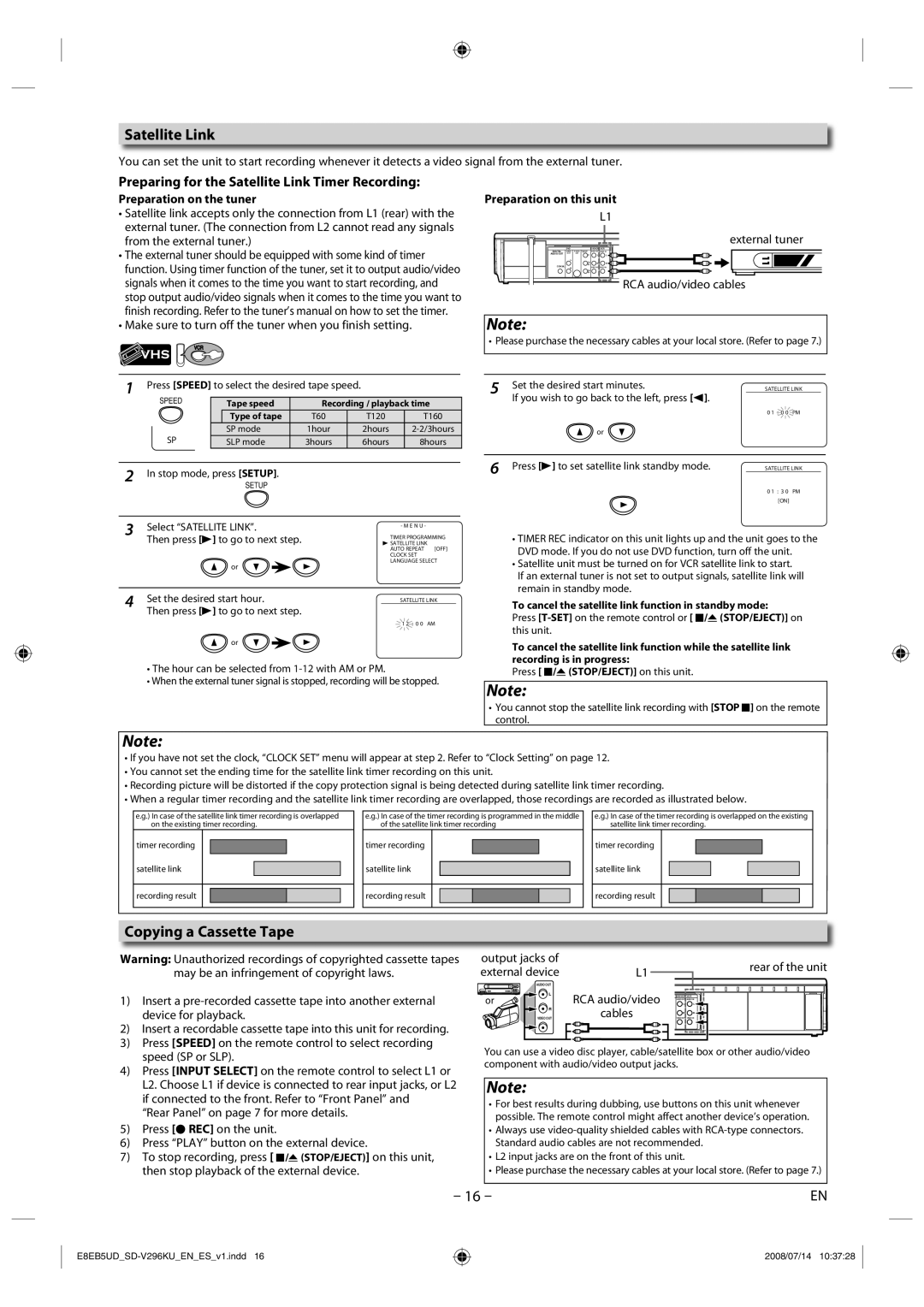 Toshiba SD-V296 Copying a Cassette Tape, Preparing for the Satellite Link Timer Recording, Preparation on the tuner 