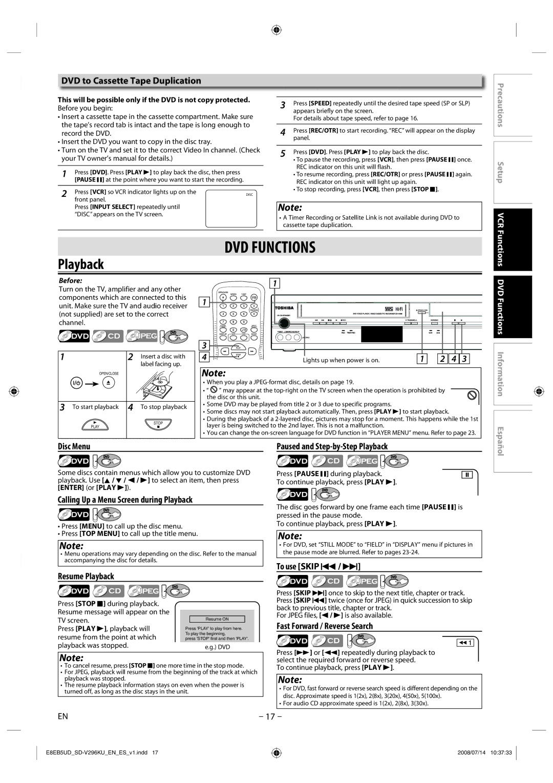 Toshiba SD-V296 manual DVD Functions 