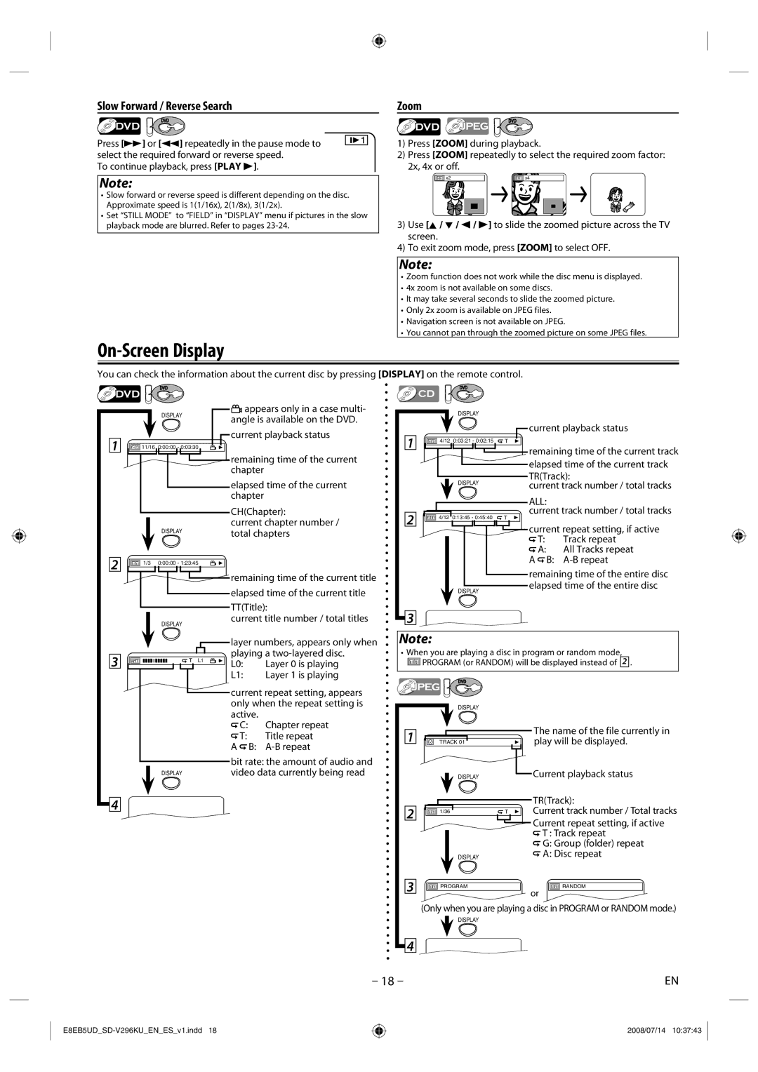 Toshiba SD-V296 manual On-Screen Display, Slow Forward / Reverse Search, Zoom 