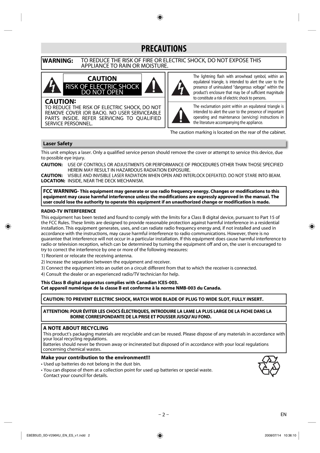 Toshiba SD-V296 manual Precautions, Laser Safety, Make your contribution to the environment 