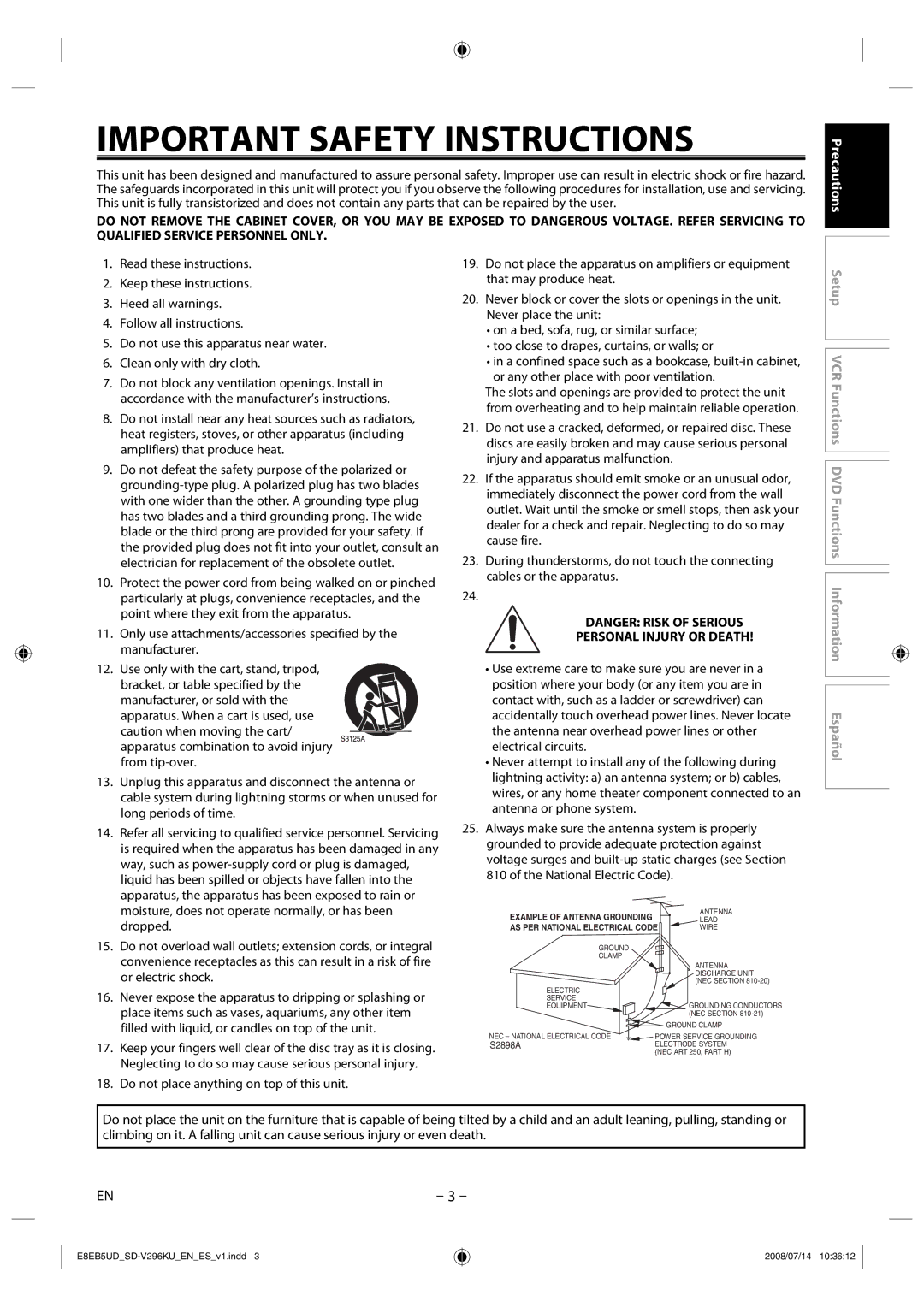 Toshiba SD-V296 manual Important Safety Instructions, Precautions 