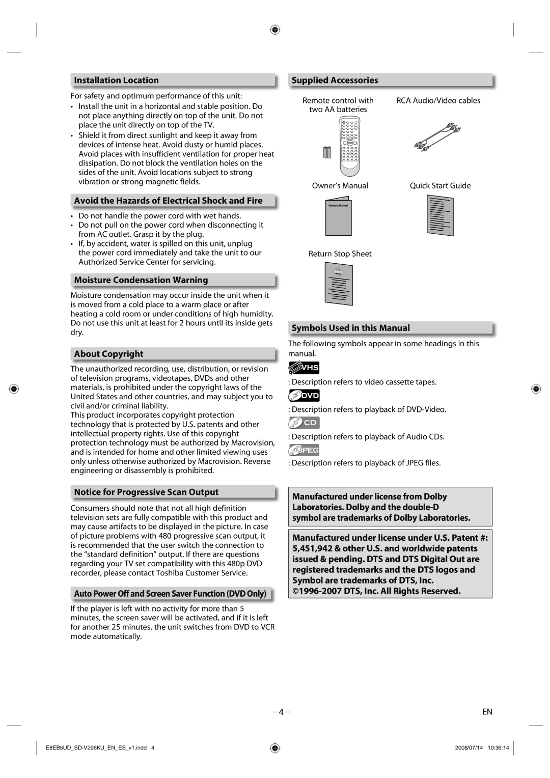 Toshiba SD-V296 manual Installation Location, Avoid the Hazards of Electrical Shock and Fire, Moisture Condensation Warning 