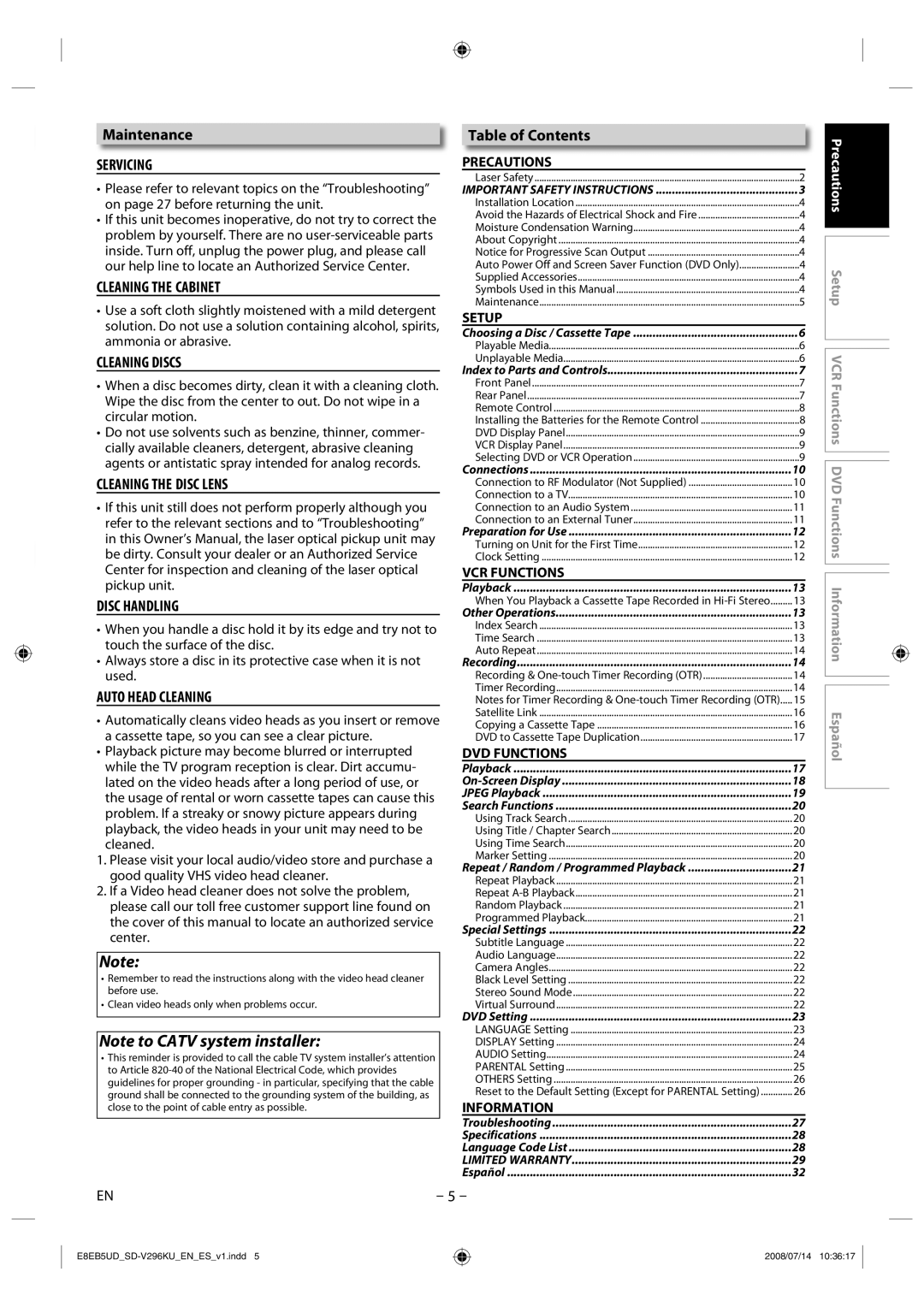 Toshiba SD-V296 manual Maintenance, Table of Contents 