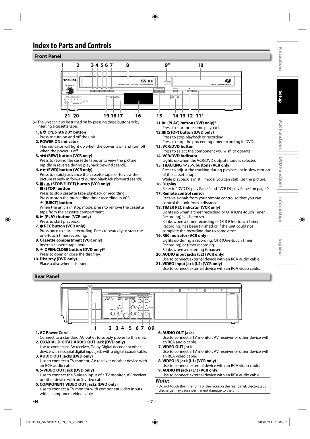 Toshiba SD-V296 manual Index to Parts and Controls, Front Panel 5 6, 19 18, 15 14 13 12, Rear Panel 