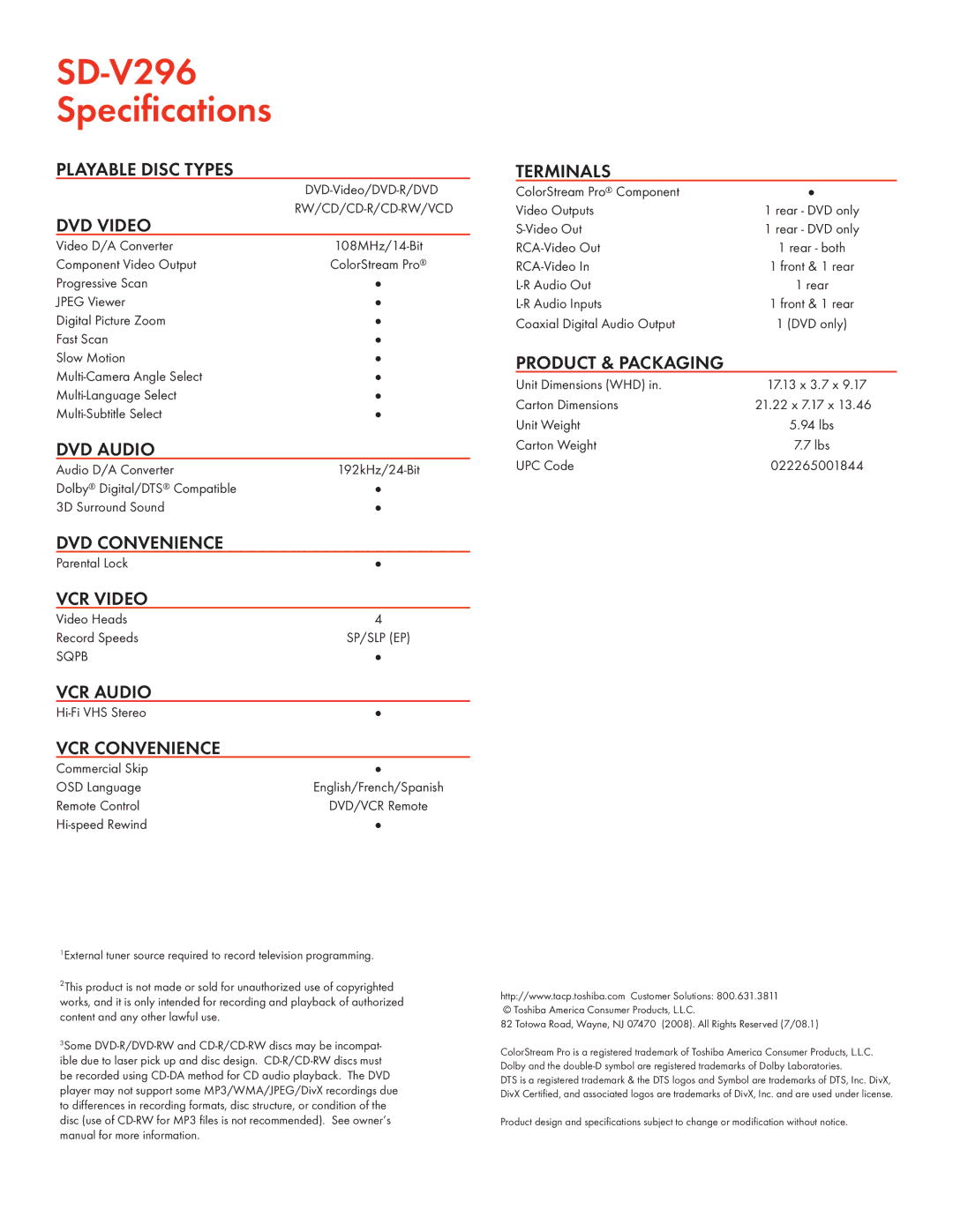 Toshiba manual SD-V296 Speciﬁcations 