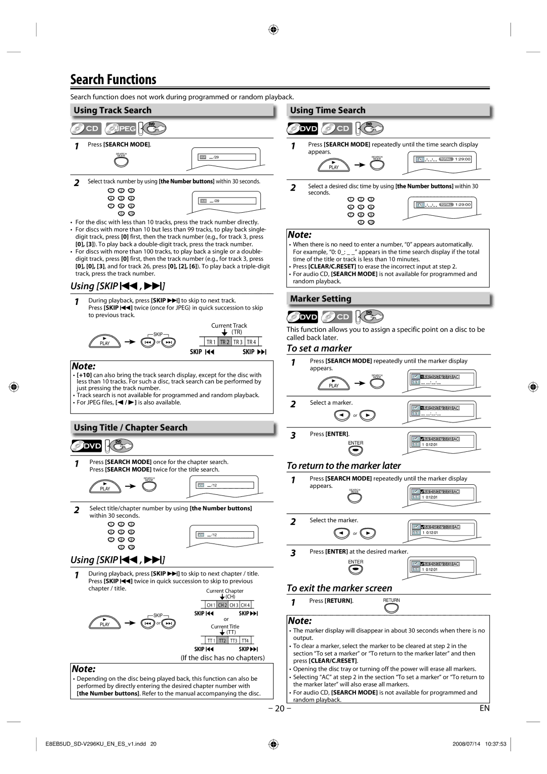 Toshiba SD-V296KU Search Functions, Using Track Search, Using Time Search, Marker Setting, Using Title / Chapter Search 