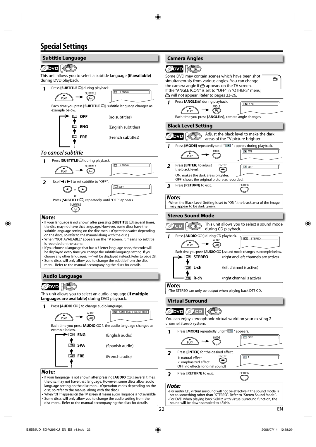 Toshiba SD-V296KU manual Special Settings 