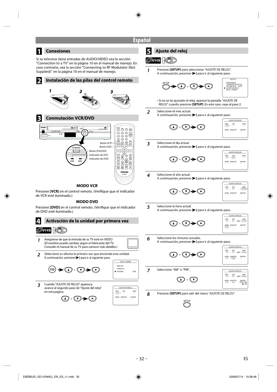 Toshiba SD-V296KU manual Conexiones, Instalación de las pilas del control remoto, Conmutación VCR/DVD, Ajuste del reloj 