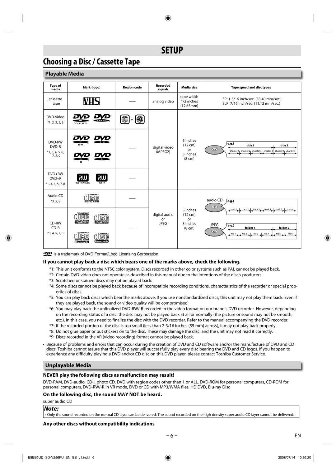 Toshiba SD-V296KU manual Choosing a Disc / Cassette Tape, Playable Media, Unplayable Media 