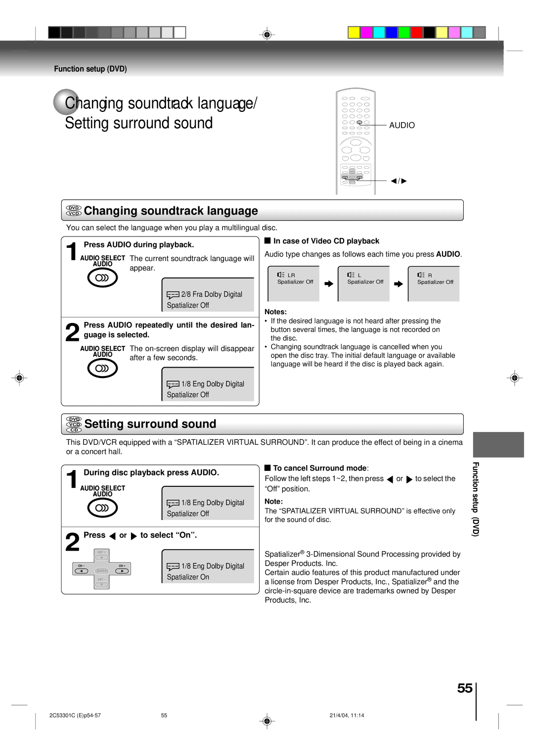 Toshiba SD-V392SU DVD Changing soundtrack language, VCD Setting surround sound, Function setup DVD, Press or to select On 