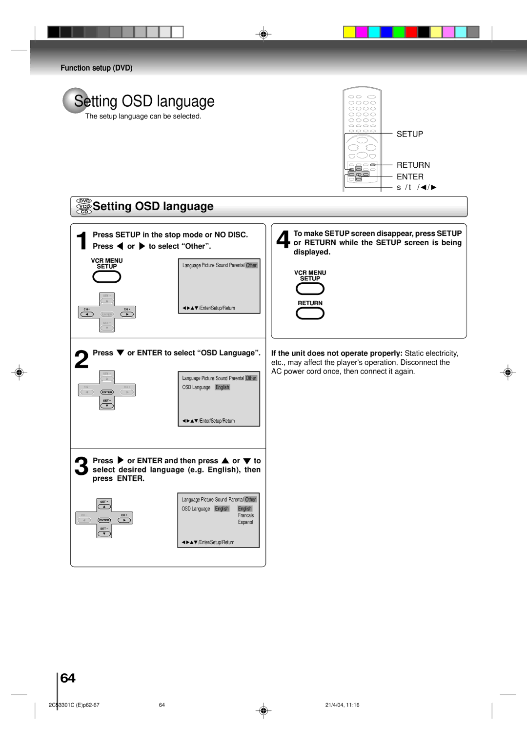 Toshiba SD-V392SU VCD Setting OSD language, Setup language can be selected, Press or Enter to select OSD Language 