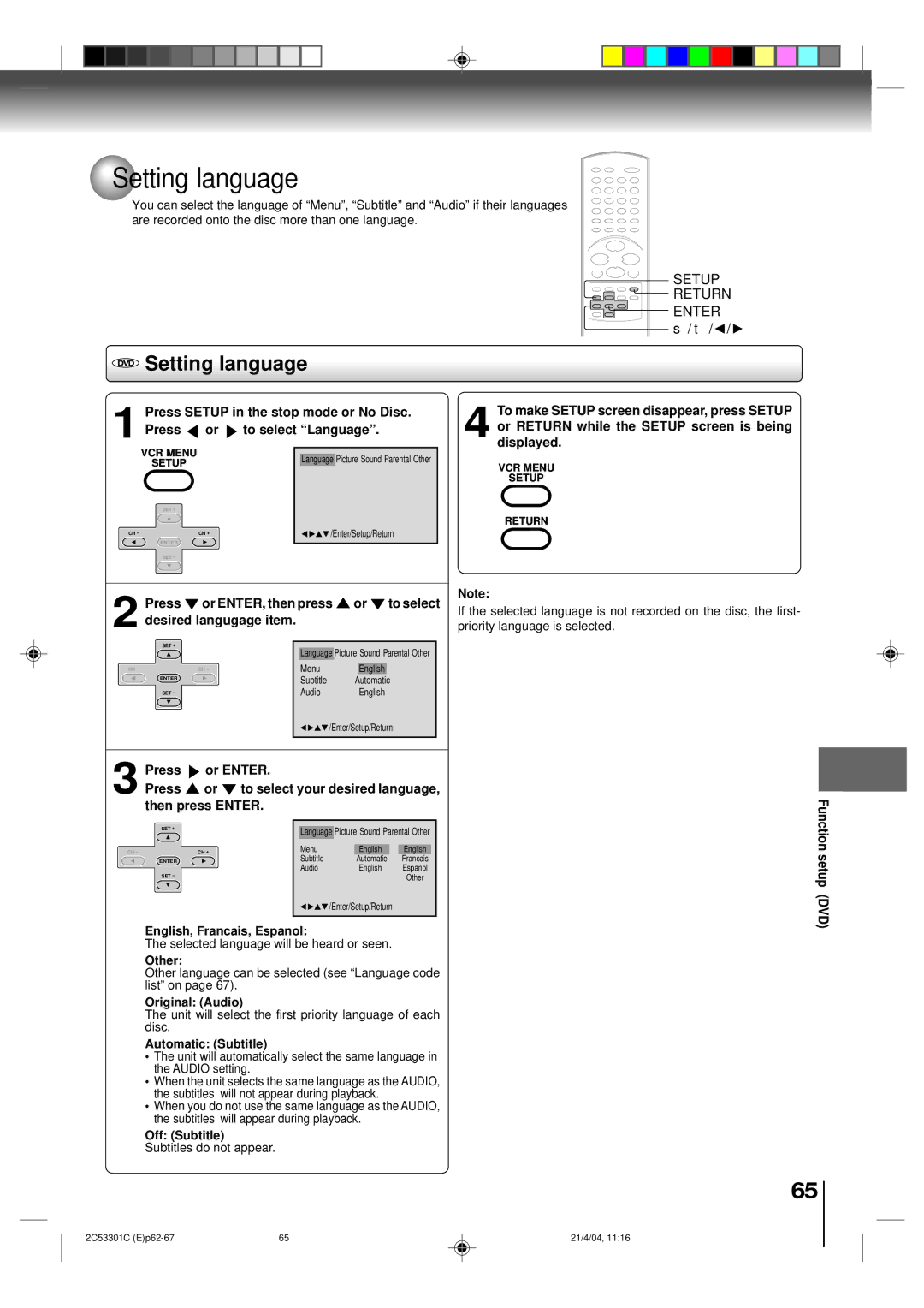 Toshiba SD-V392SU manual Setting language 