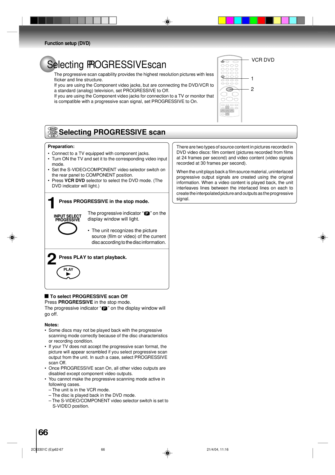 Toshiba SD-V392SU manual VCD Selecting Progressive scan 