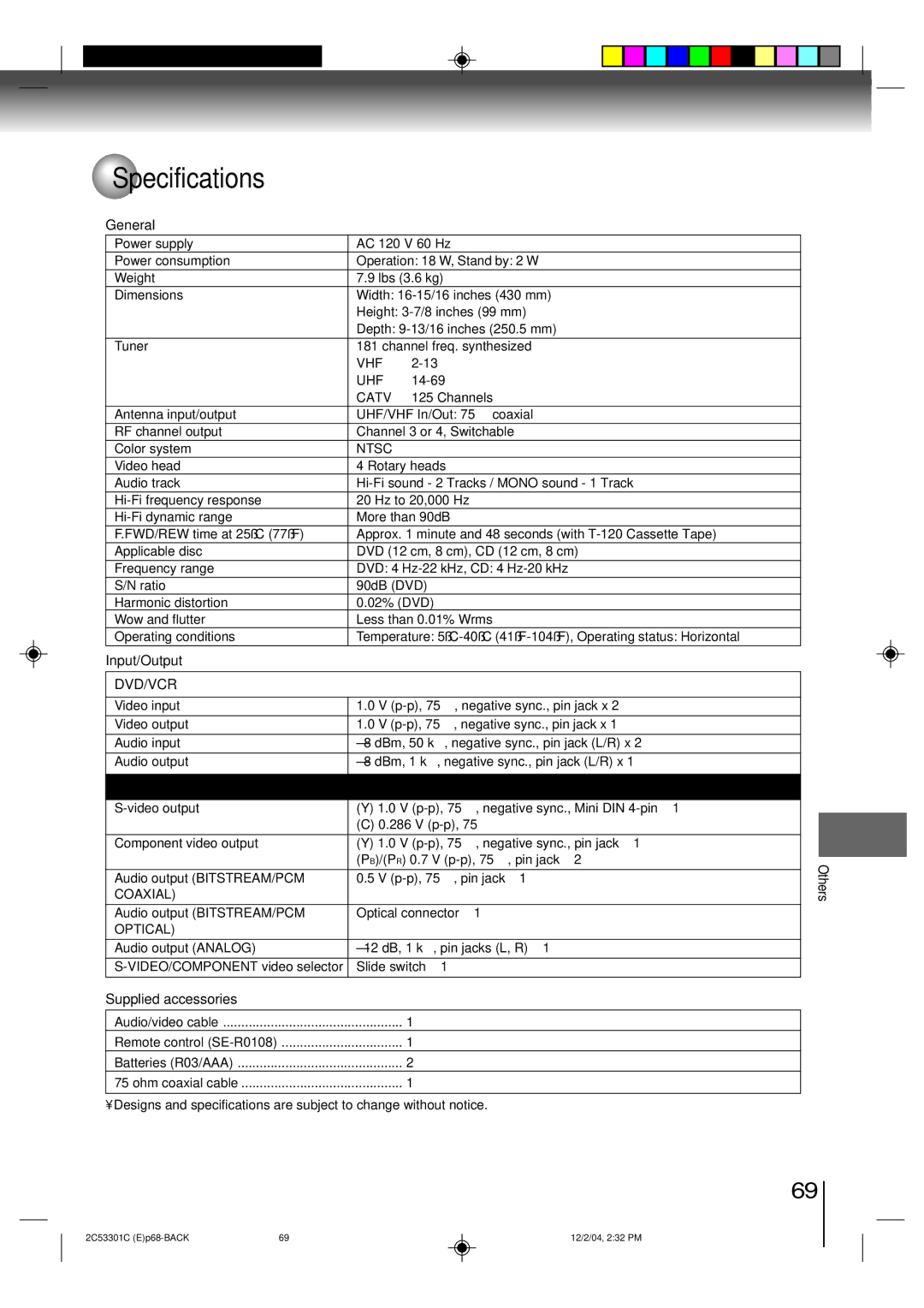 Toshiba SD-V392SU manual Specifications, General, Input/Output, Supplied accessories 