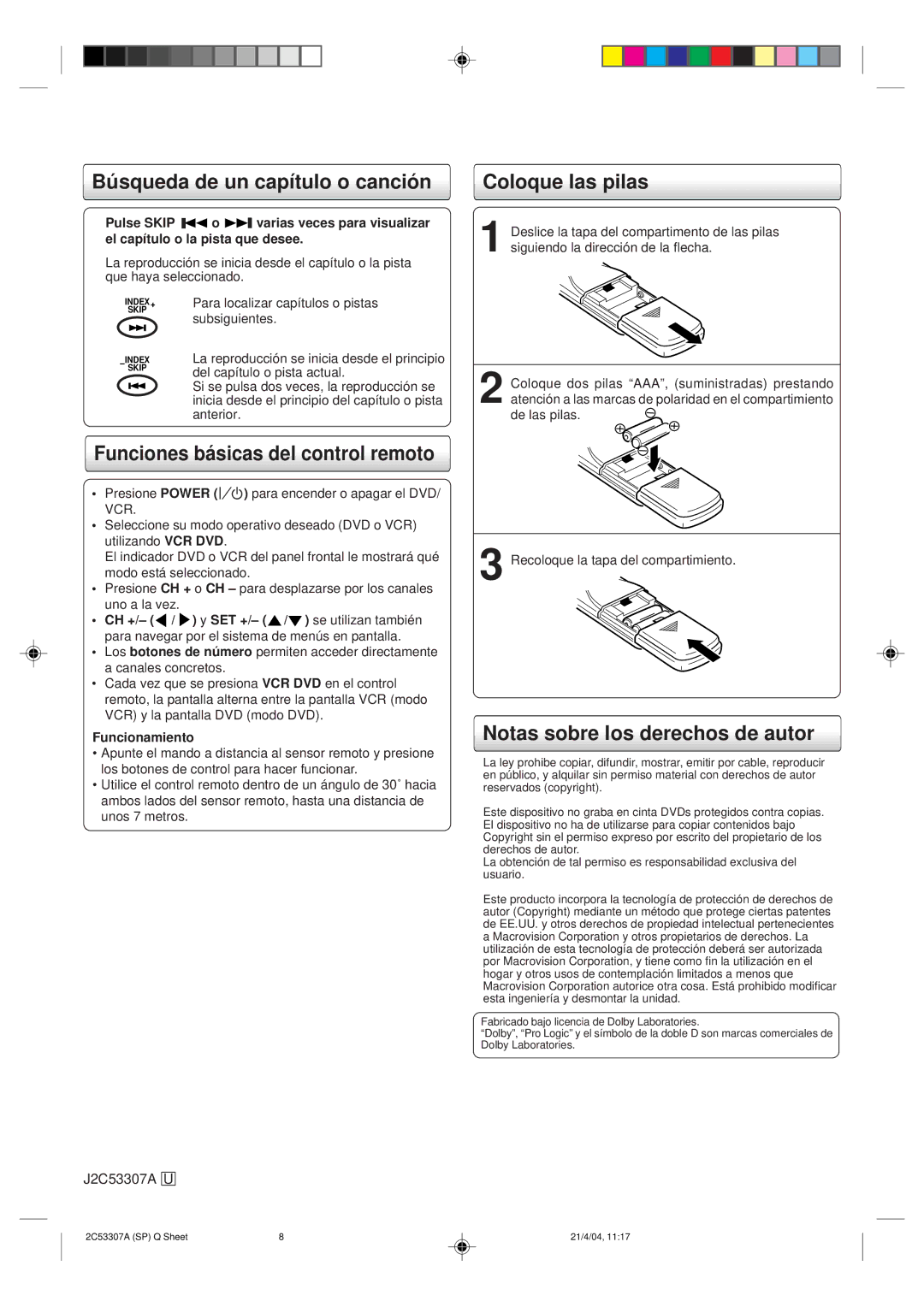 Toshiba SD-V392SU manual Búsqueda de un capítulo o canción, Funciones básicas del control remoto, Coloque las pilas 