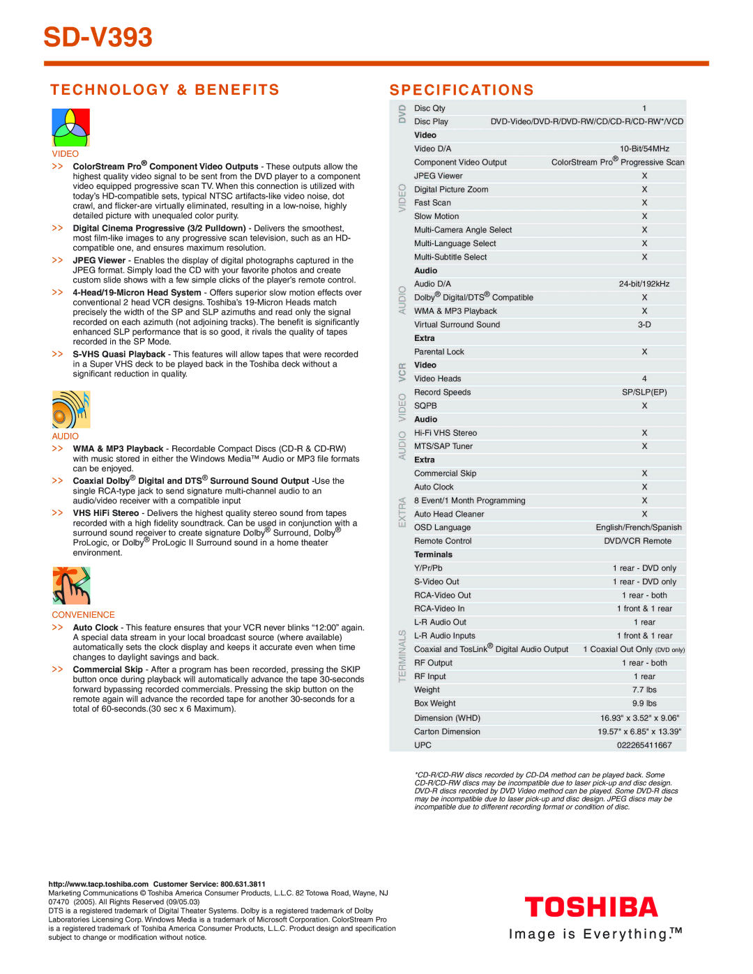 Toshiba SD-V393 manual Technology & Benefits, Specifications 