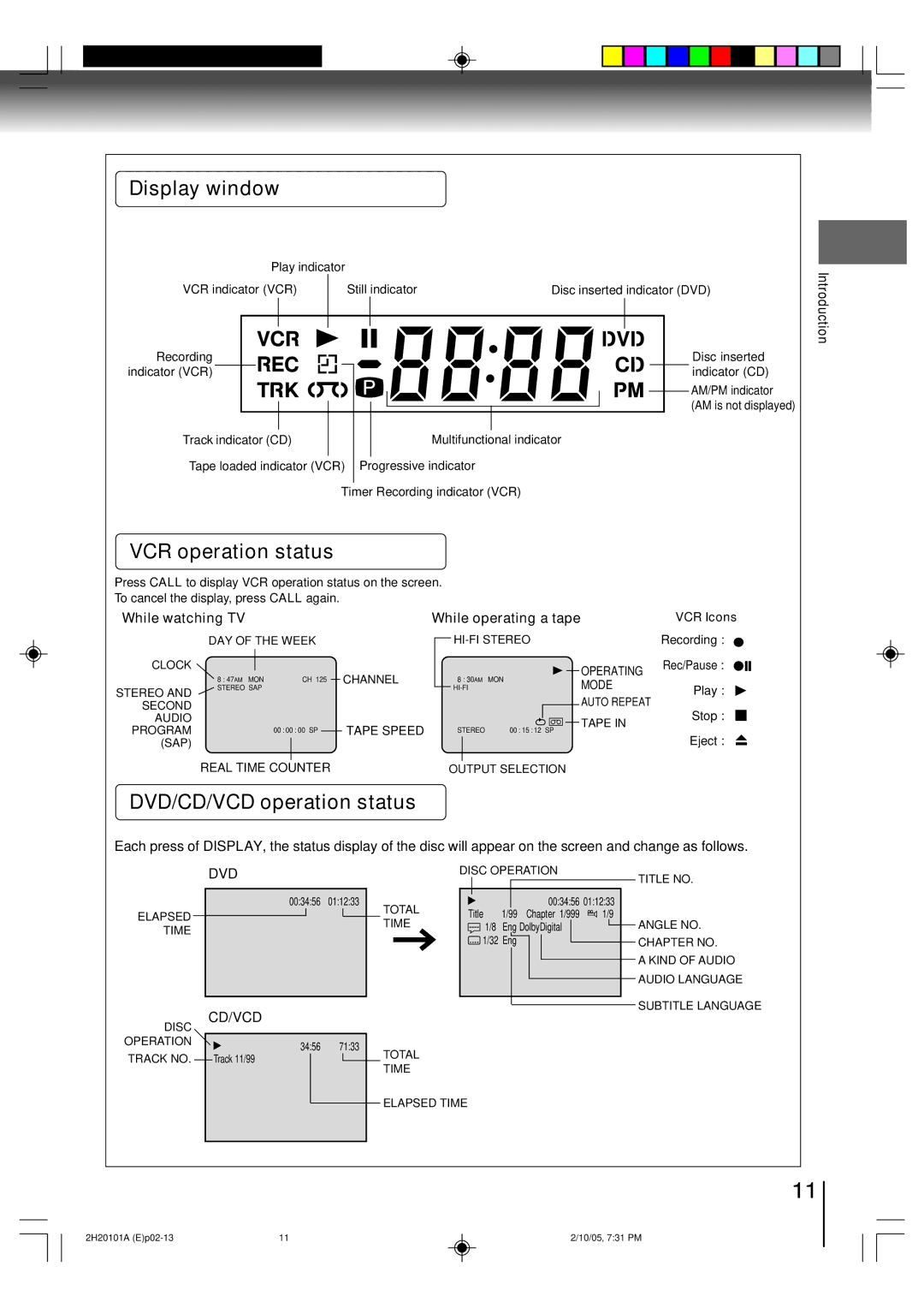 Toshiba SD-V393SU manual Display window, VCR operation status, DVD/CD/VCD operation status, VCR Icons 