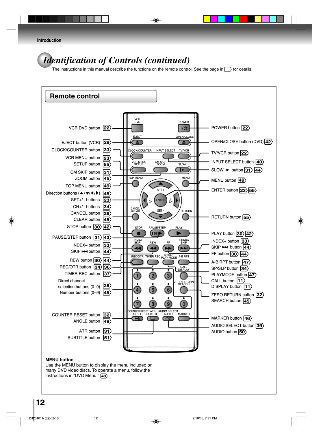 Toshiba SD-V393SU manual Remotecontrol, Menu button 