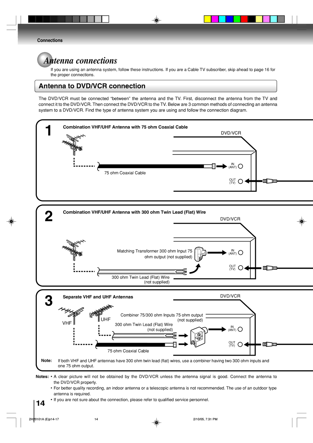 Toshiba SD-V393SU manual Antenna connections, Antenna to DVD/VCR connection, Connections, Separate VHF and UHF Antennas 