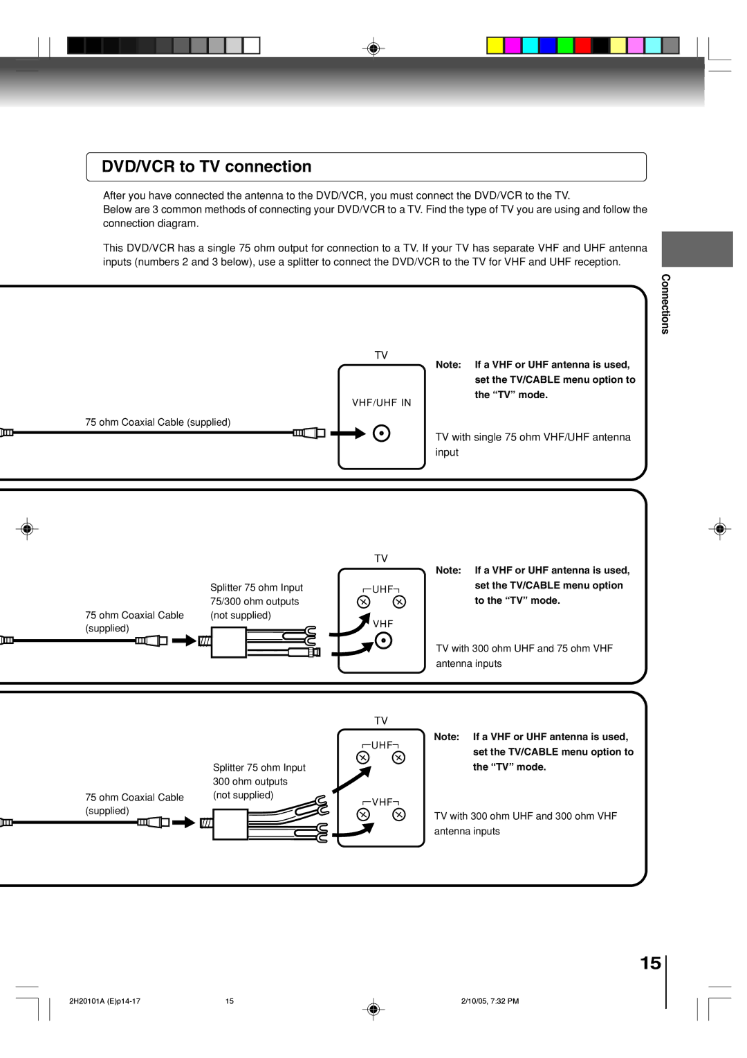 Toshiba SD-V393SU manual DVD/VCR to TV connection, Connections Set the TV/CABLE menu option to Òtvó mode, To the Òtvó mode 