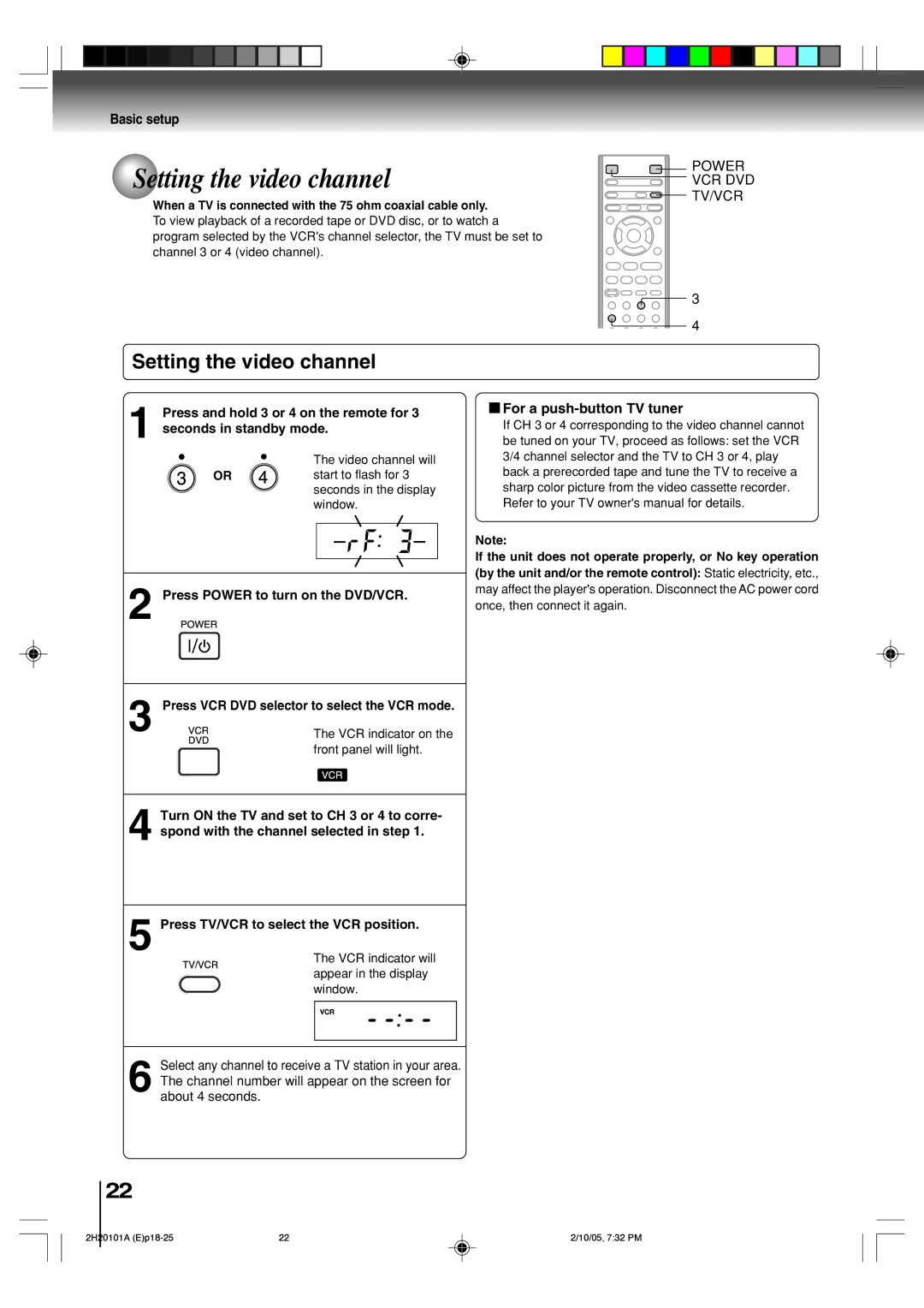 Toshiba SD-V393SU manual Setting the video channel, Basic setup, For a push-button TV tuner 