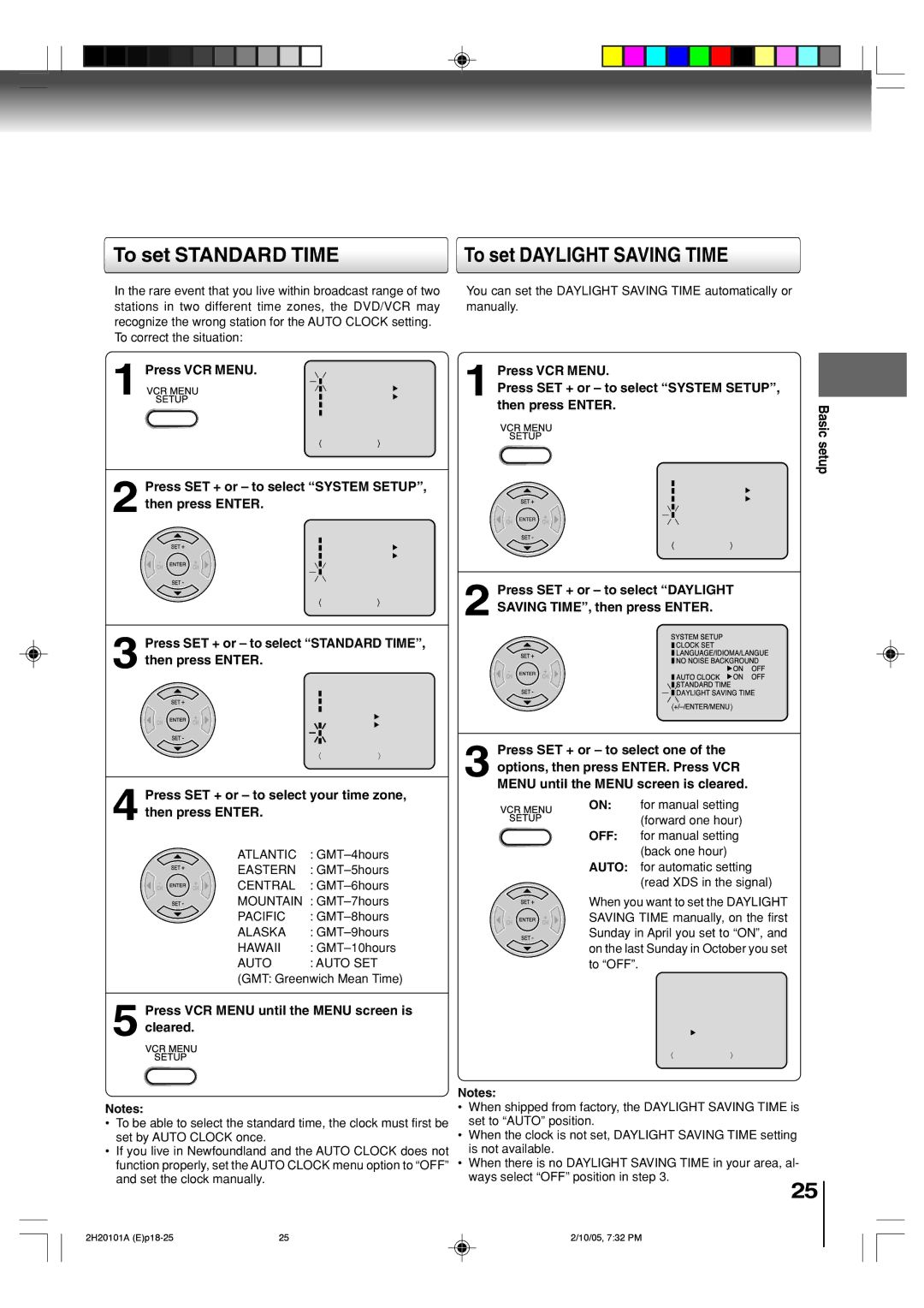 Toshiba SD-V393SU manual To set Standard Time To set Daylight Saving Time, GMT Greenwich Mean Time 