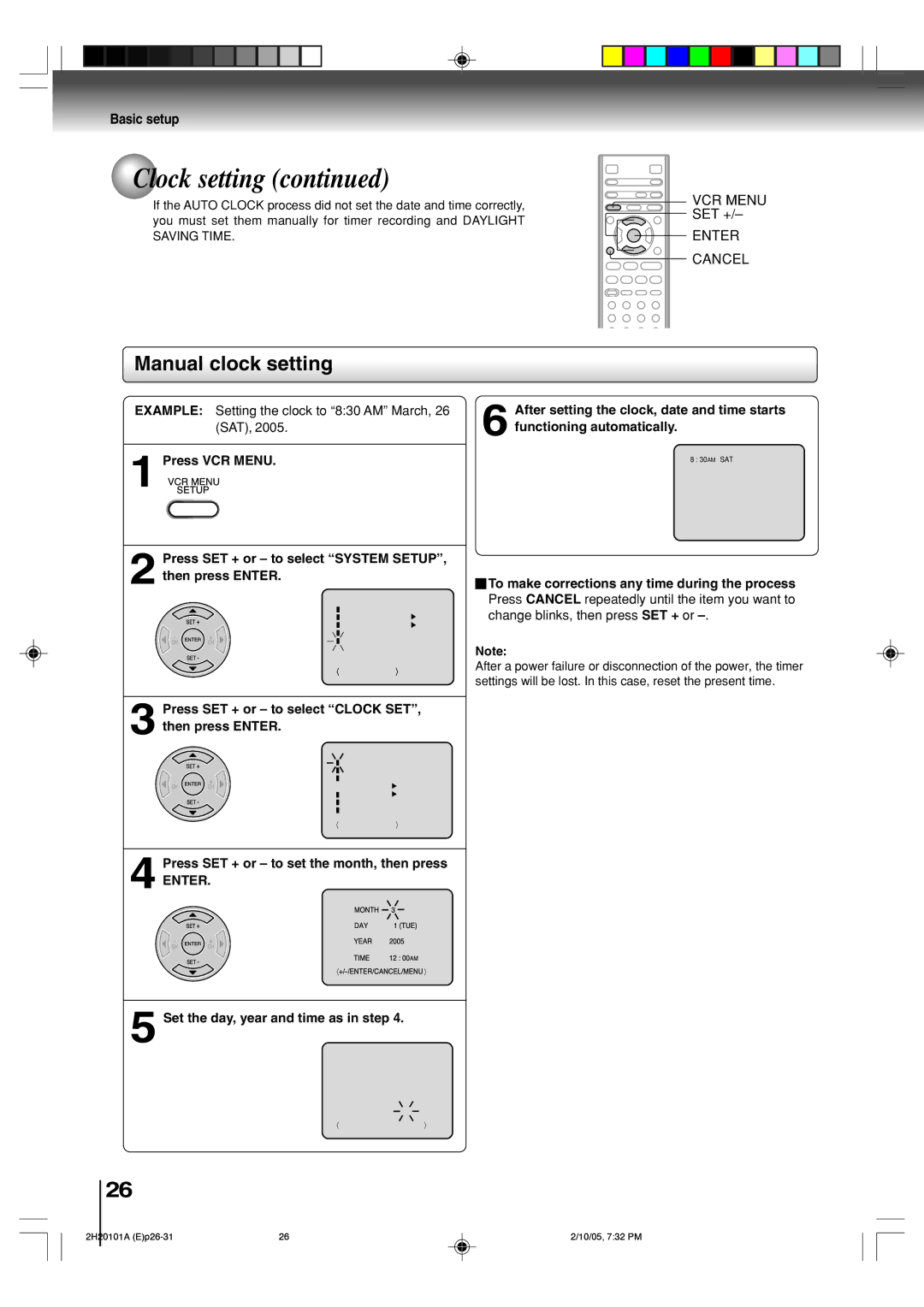 Toshiba SD-V393SU manual Manual clock setting, Example Setting the clock to 830 AM March, 26 SAT 