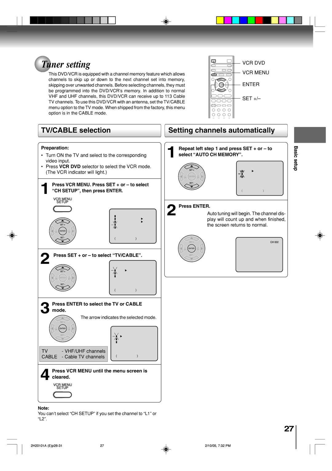 Toshiba SD-V393SU manual Tuner setting, TV/CABLE selection, Setting channels automatically 