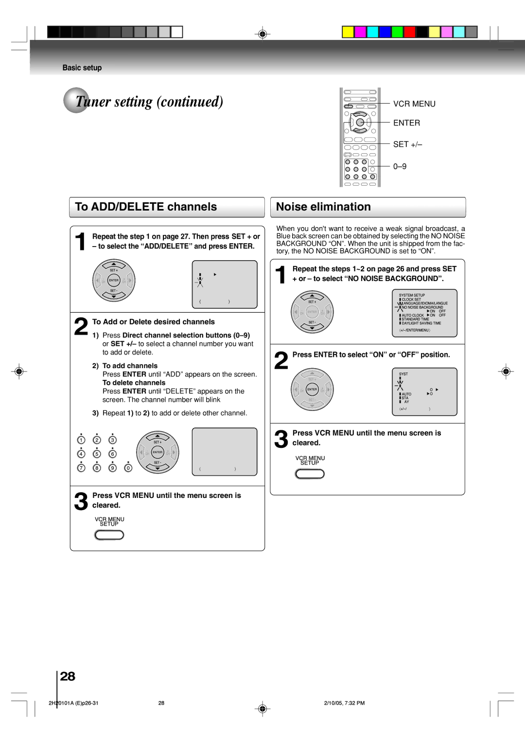 Toshiba SD-V393SU manual To ADD/DELETE channels Noise elimination, Press Enter until ADD appears on the screen 